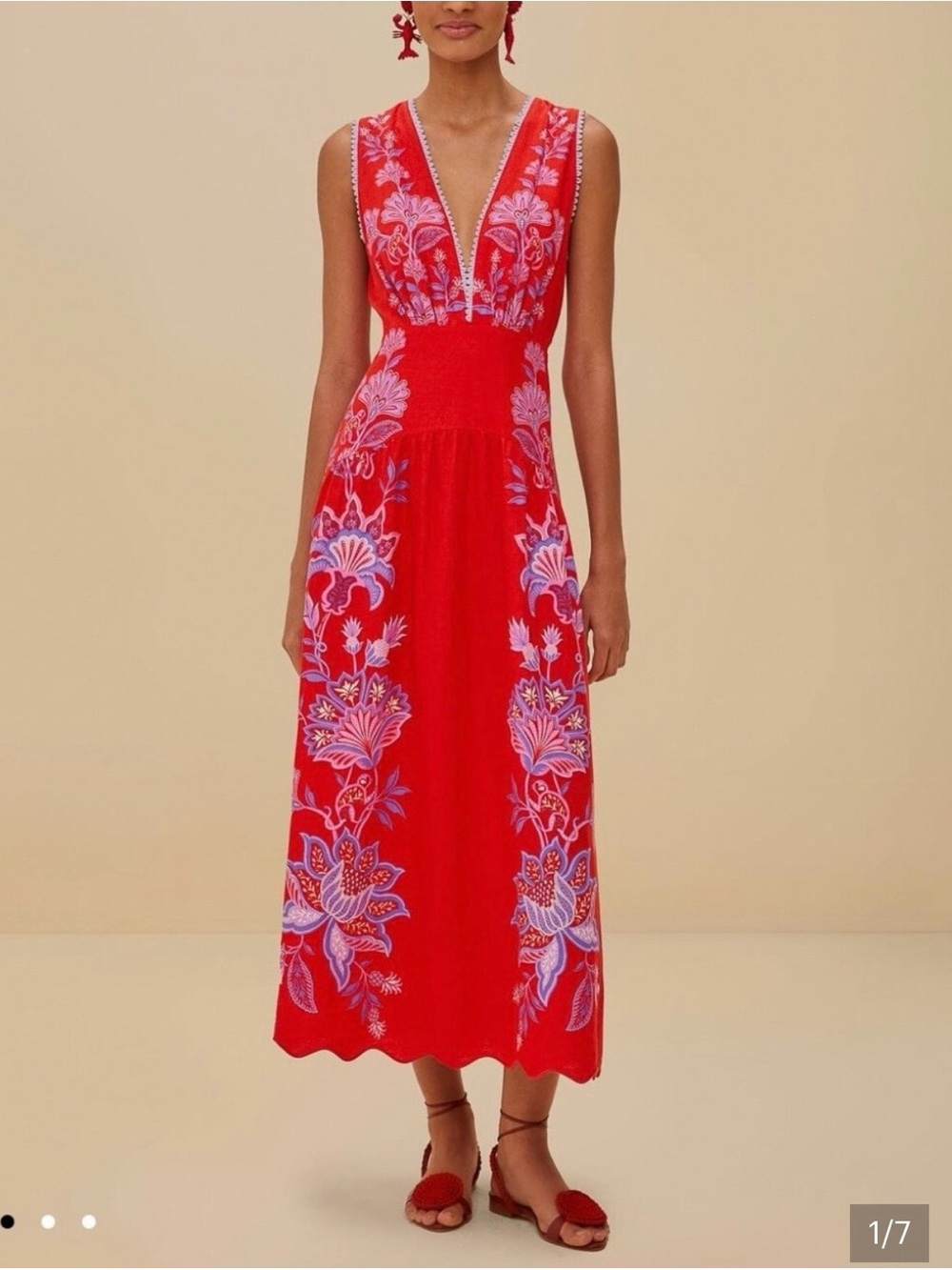 NWT FARM Rio, Porcelain Garden Red Maxi Dress, Floral Design